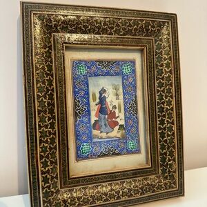 Mid 20th Century Persian Painting With Handmade Inlaid Marquetry Khatam Frame